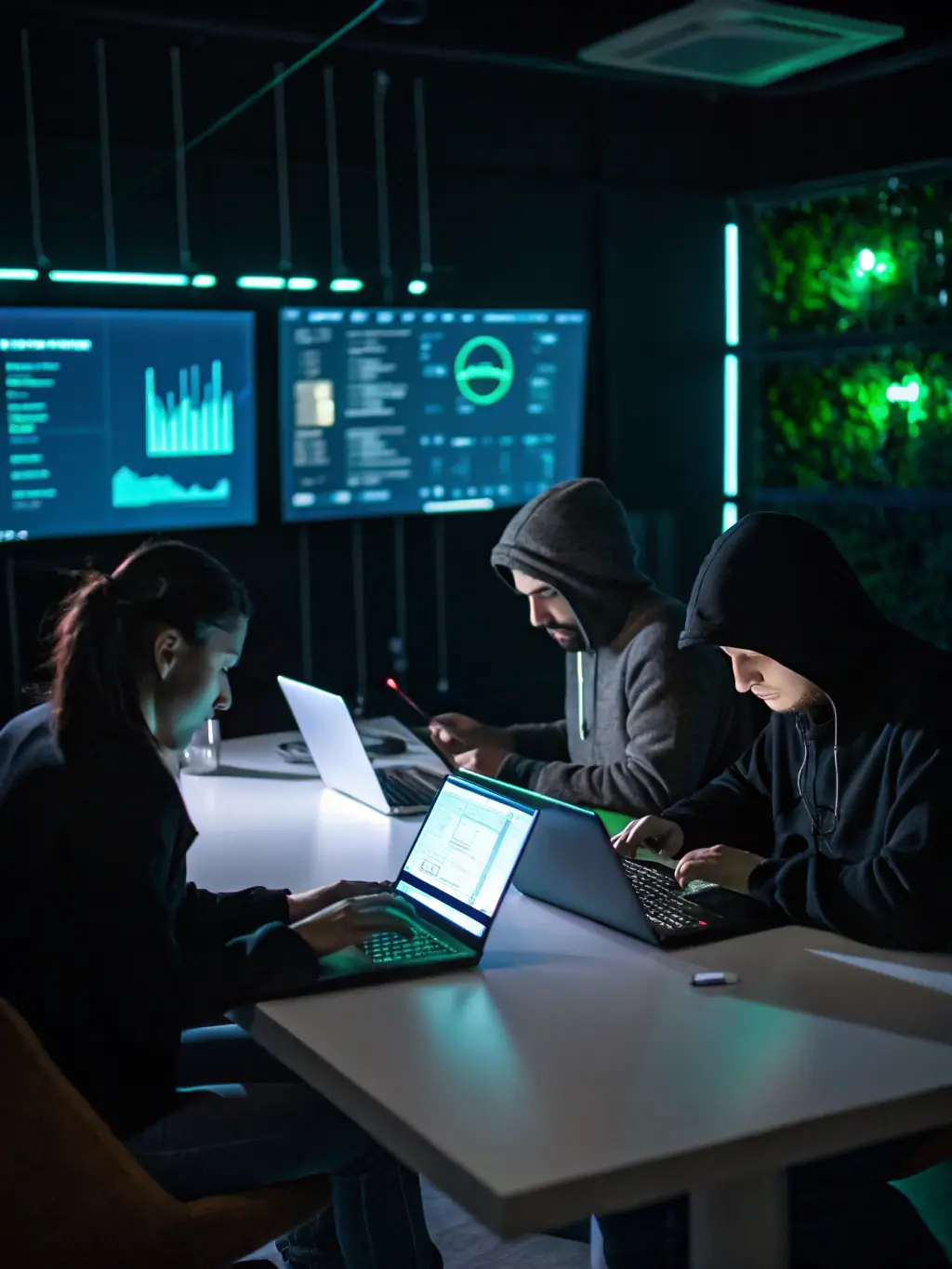 A dynamic photo of a workshop session at the 'Cybersecurity Conference', with participants actively working on cybersecurity challenges and solutions.
