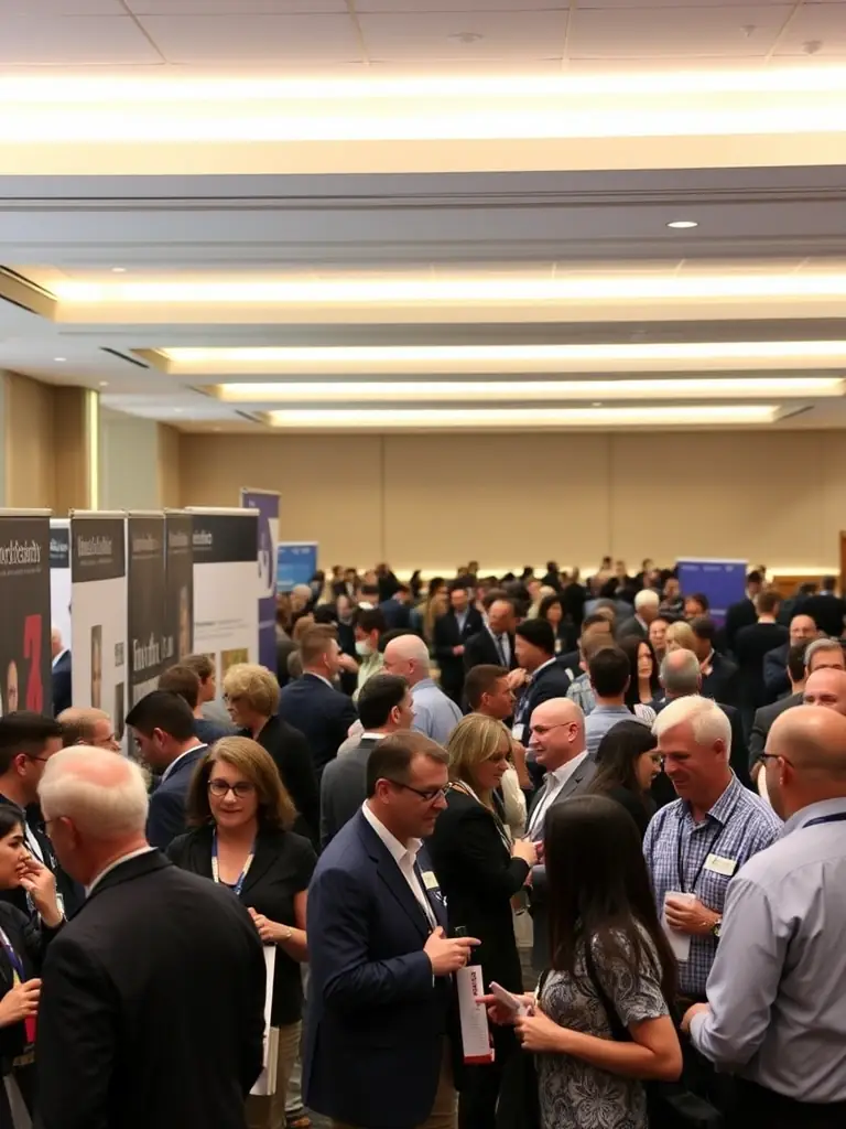 A vibrant image capturing the networking session at the 'Innovation Summit', showcasing attendees actively engaging in discussions and exchanging business cards.