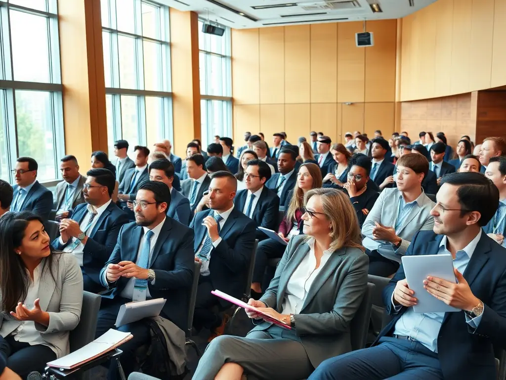 A photograph of a networking event at a conference, with attendees engaging in conversations.