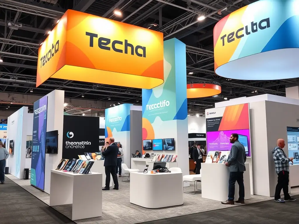 A professional photograph of a sponsor's booth at a previous conference, showcasing interactive displays and engaging staff members. The image should highlight the sponsor's brand and the positive interactions with attendees.