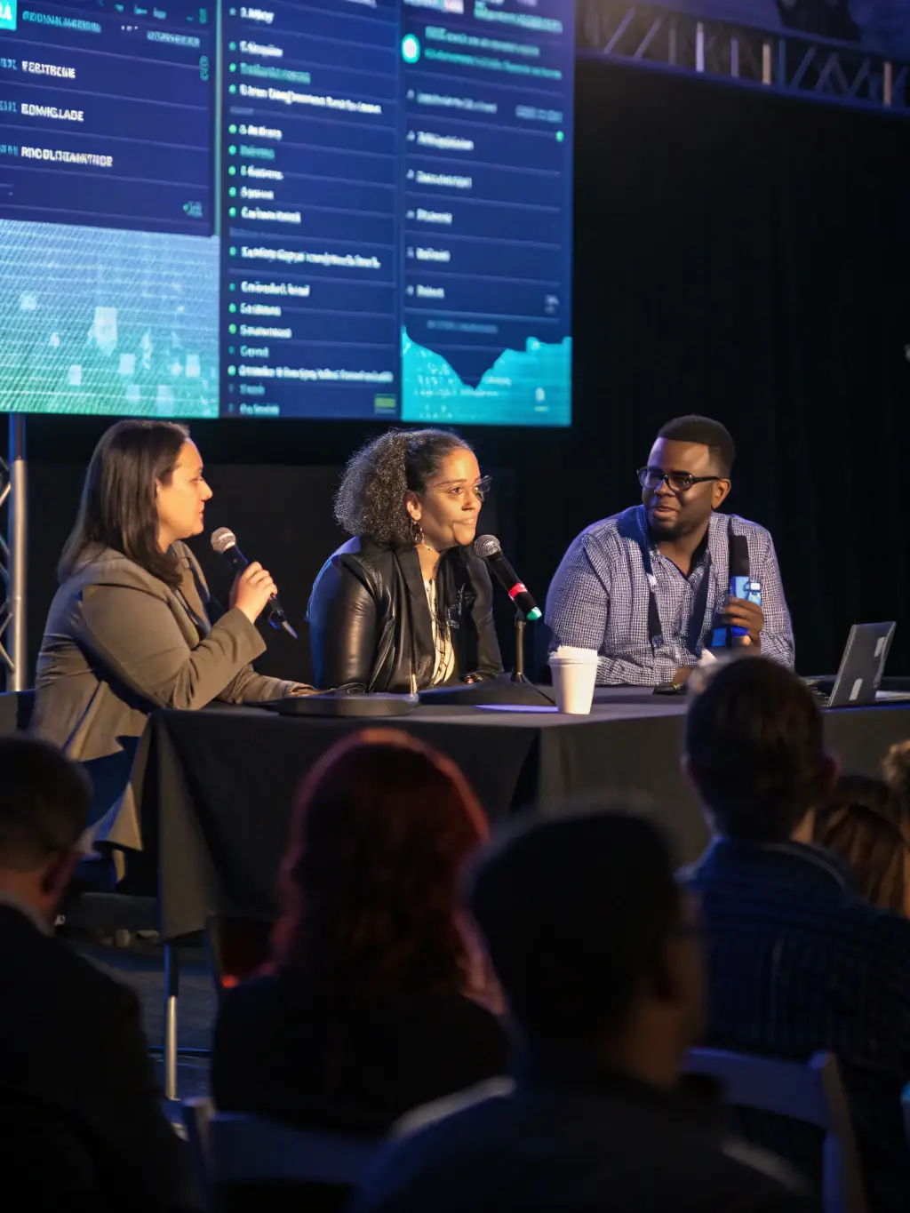 A professional shot of a panel discussion at the 'Digital Transformation Expo', featuring industry leaders debating the challenges and opportunities of digital transformation.