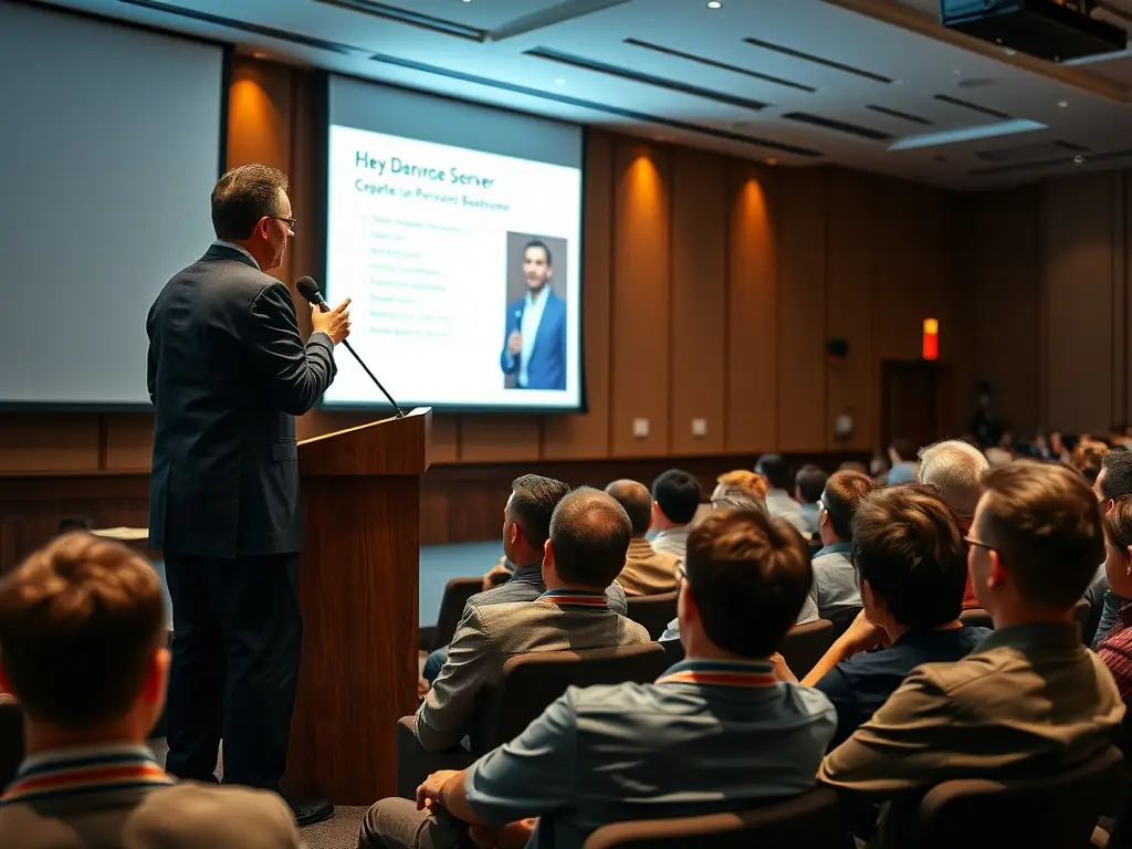 A photograph of a speaker presenting at a conference, with the audience listening attentively.